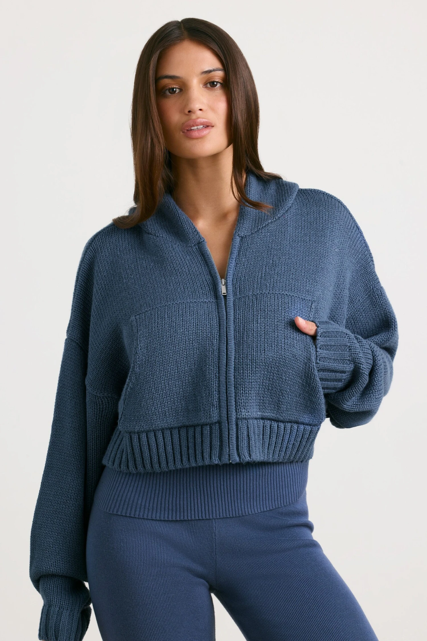 True - Cropped Zip Up Chunky Knit Hoodie In Washed Navy