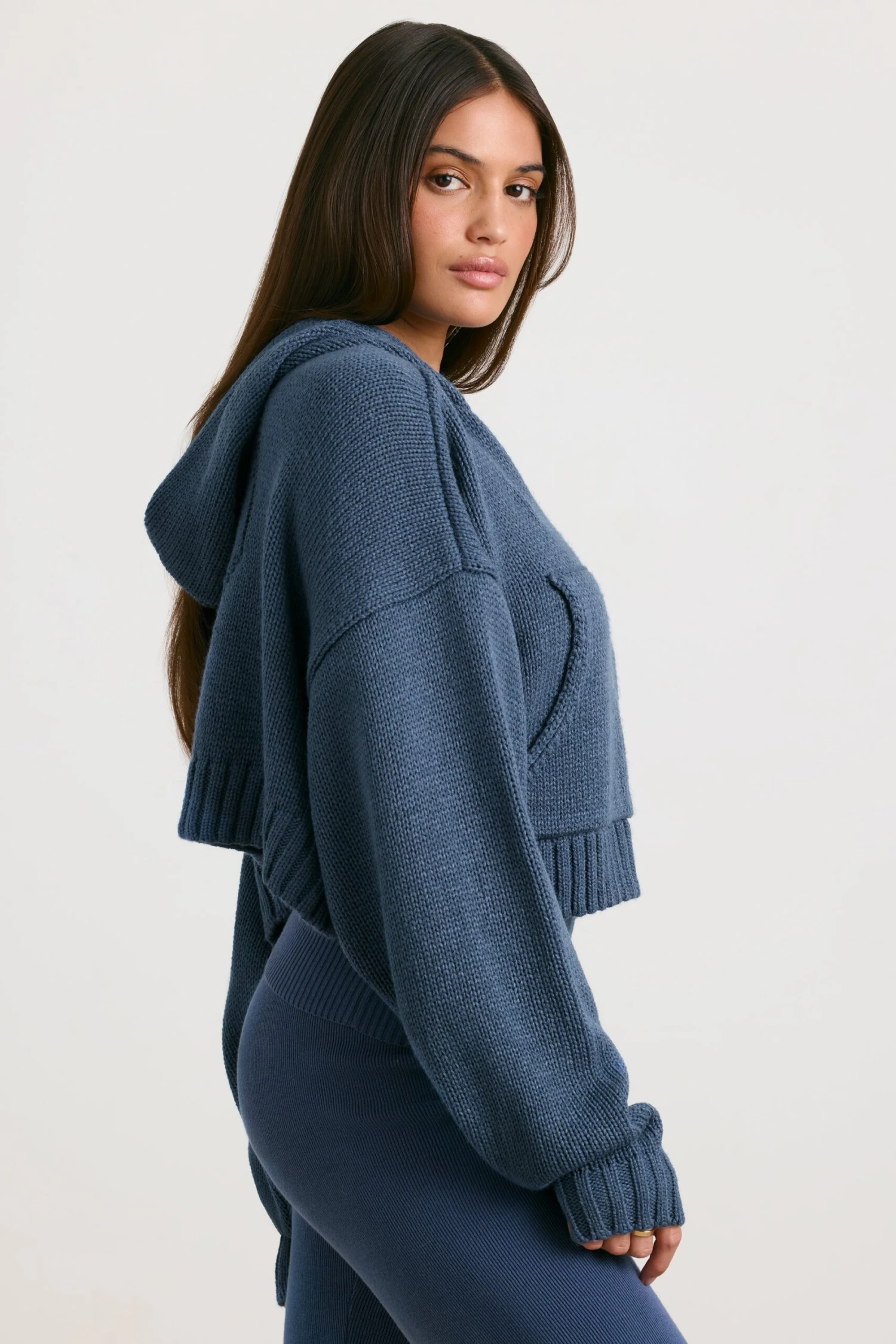 True - Cropped Zip Up Chunky Knit Hoodie In Washed Navy - Image 2