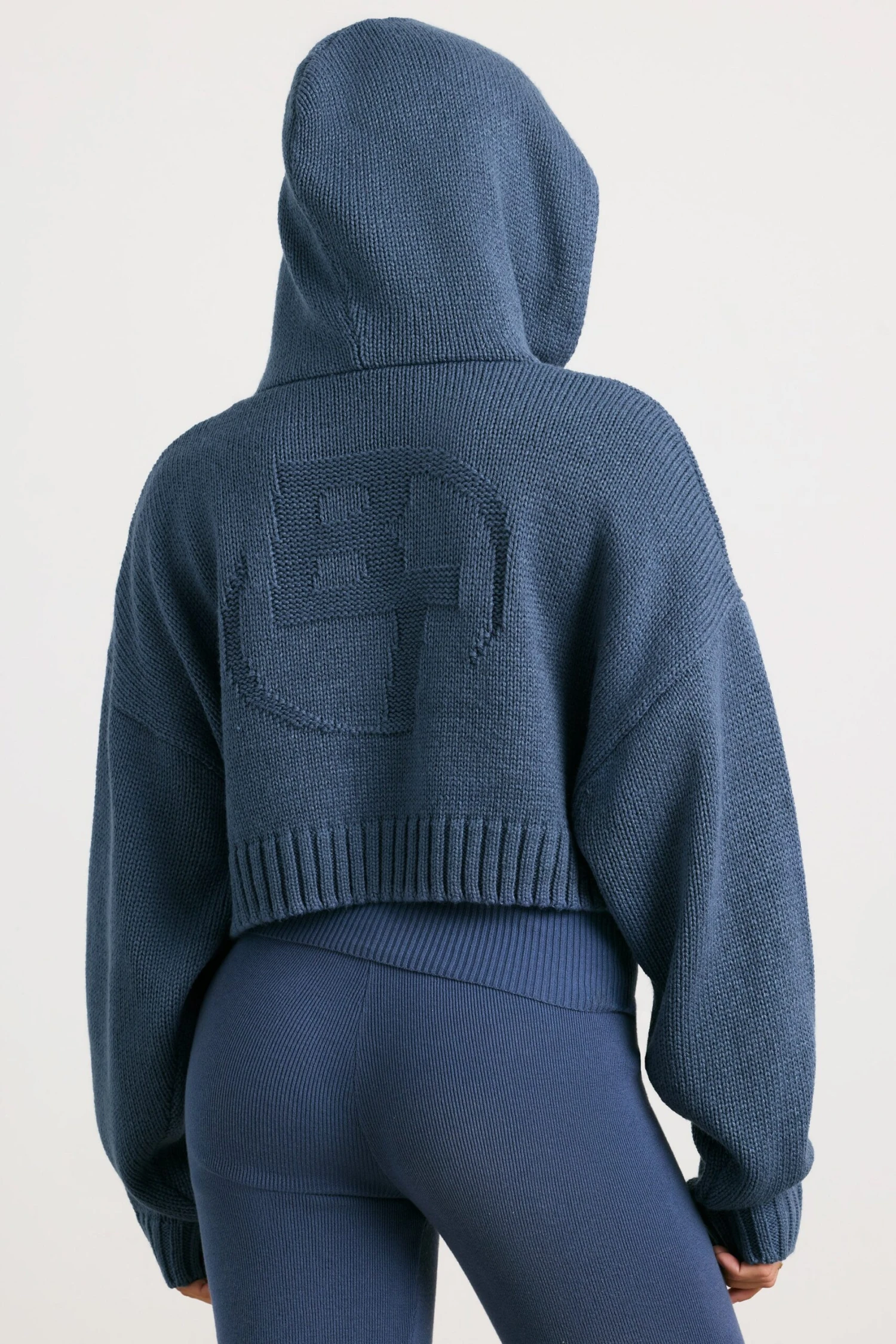 True - Cropped Zip Up Chunky Knit Hoodie In Washed Navy - Image 3