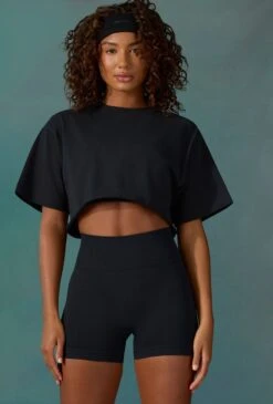 Level Up - Cotton Cropped Oversized T-Shirt In Black