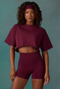 Level Up - Cotton Cropped Oversized T-Shirt In Plum