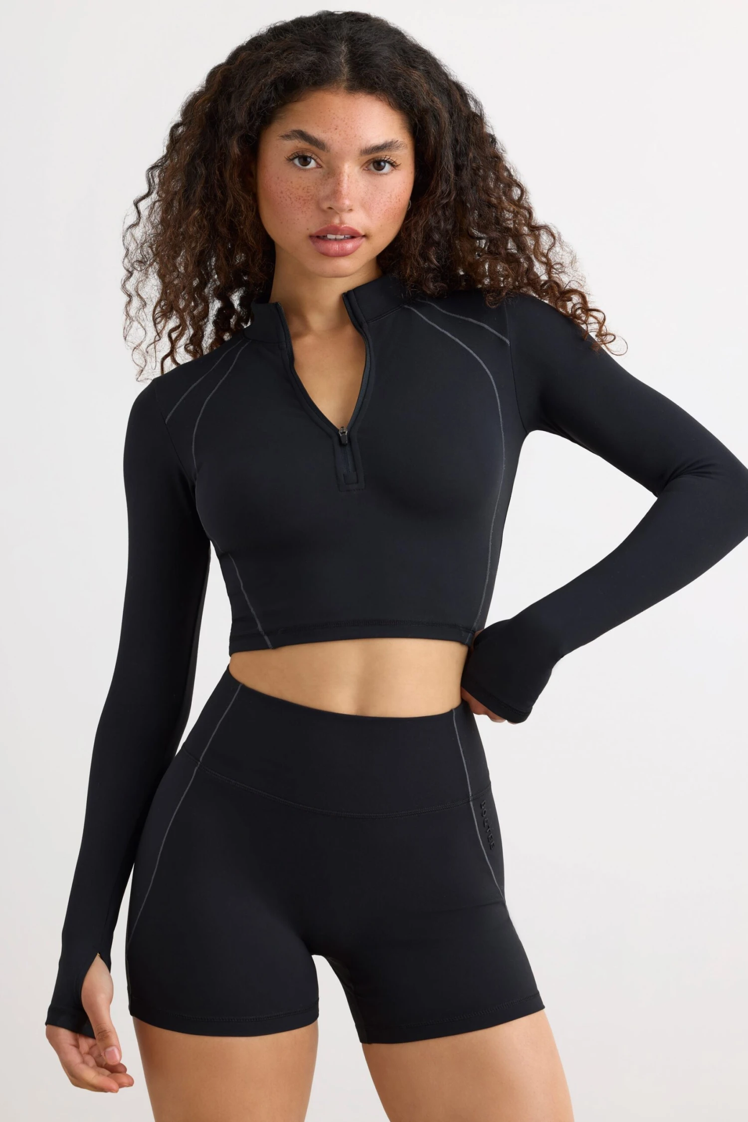 Process - Soft Active Half Zip Crop Top In Black - Image 7