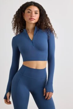 Process - Soft Active Half Zip Crop Top In Washed Navy