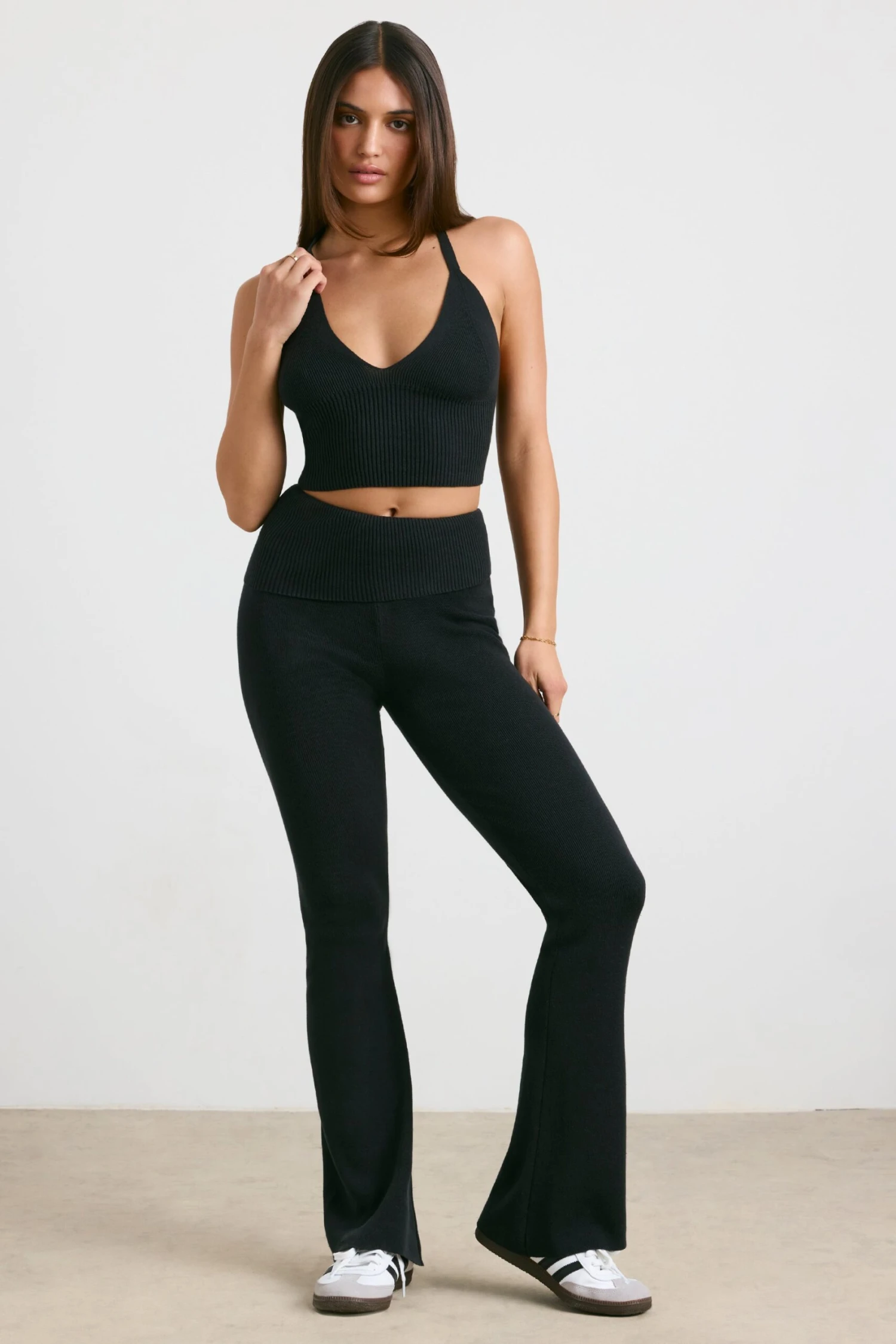 Muse - Petite Chunky Knit Kick Flare Trousers In Black - Image 6