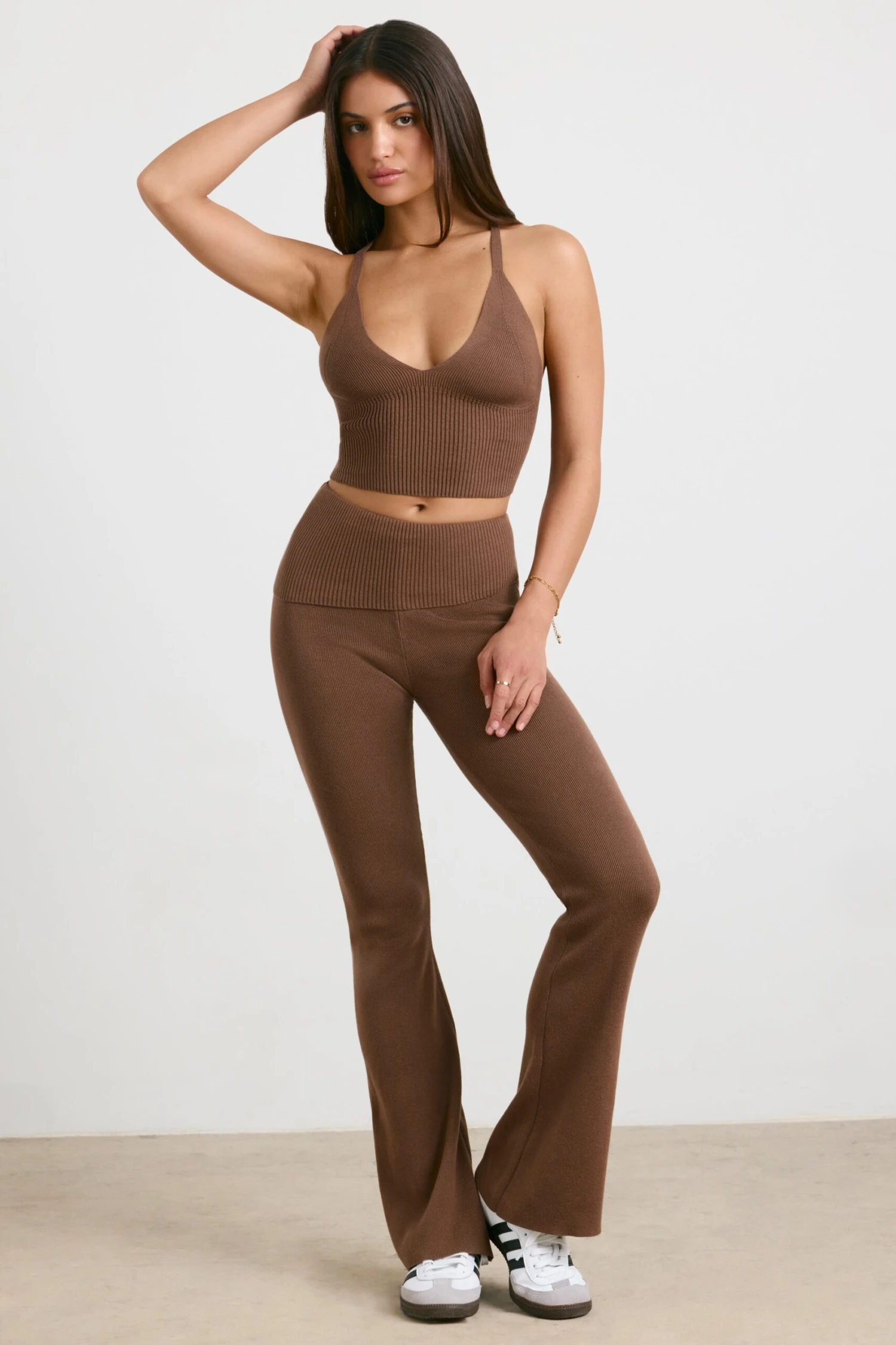 Muse - Petite Chunky Knit Kick Flare Trousers In Espresso - Image 9