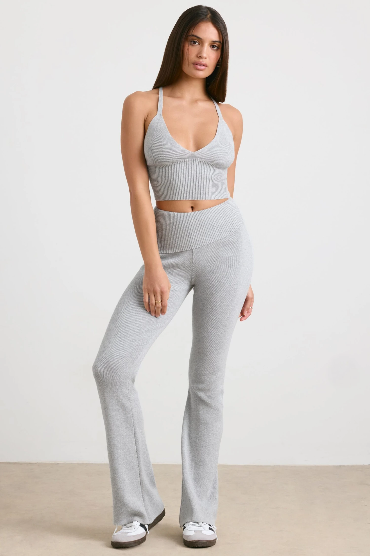 Muse - Chunky Knit Kick Flare Trousers In Heather Grey - Image 5