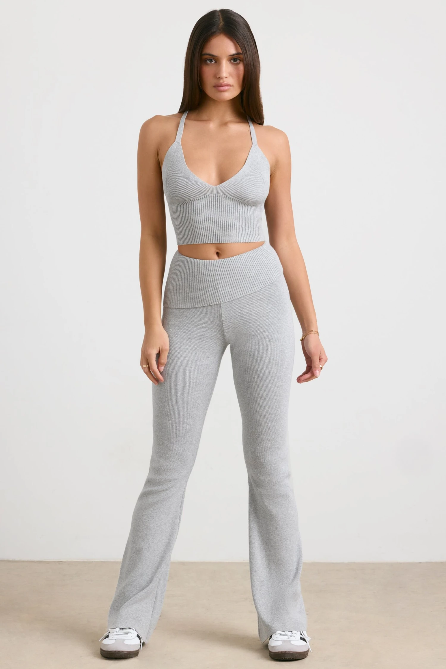 Muse - Petite Chunky Knit Kick Flare Trousers In Heather Grey - Image 6