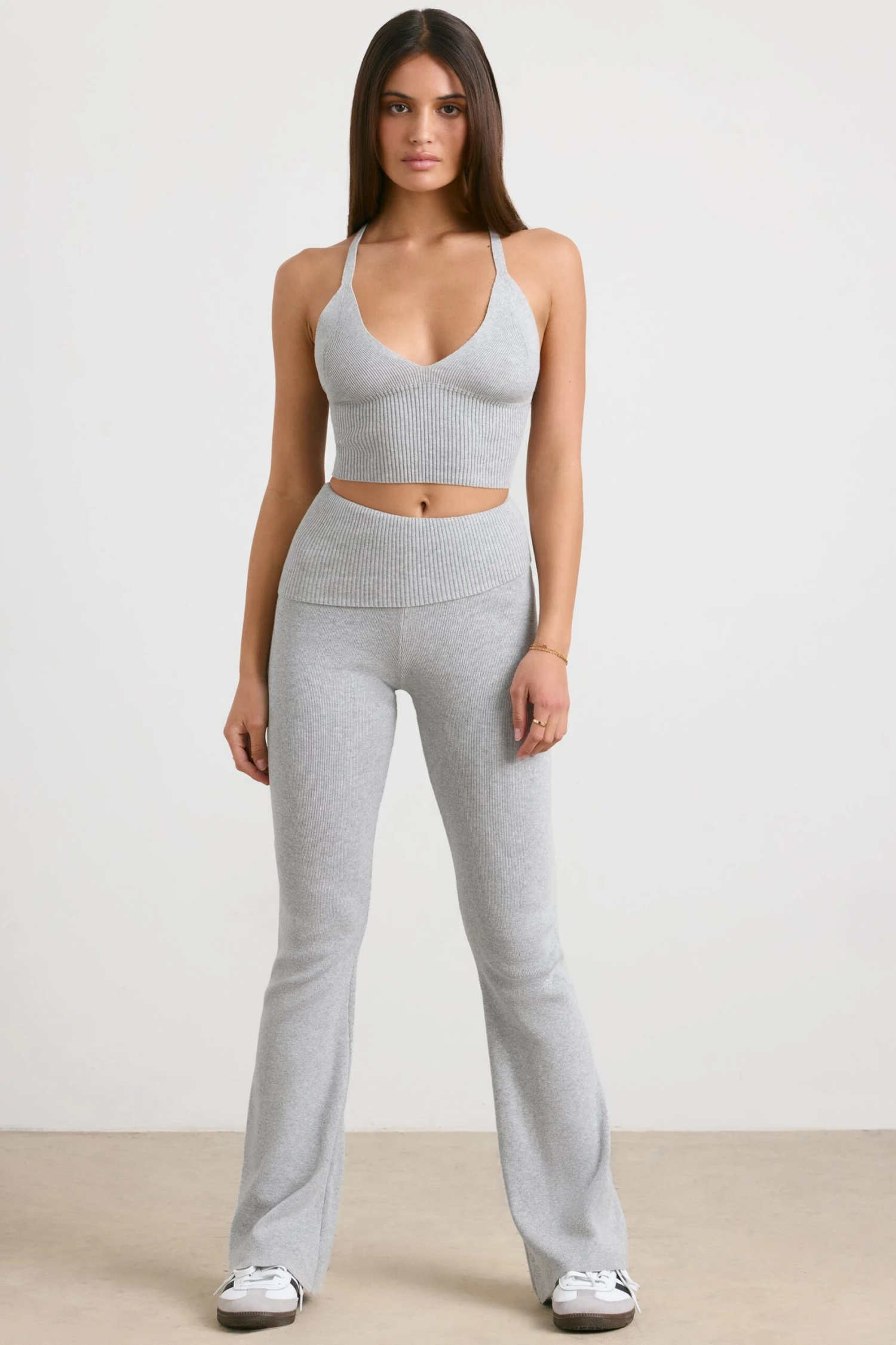Muse - Chunky Knit Kick Flare Trousers In Heather Grey - Image 7