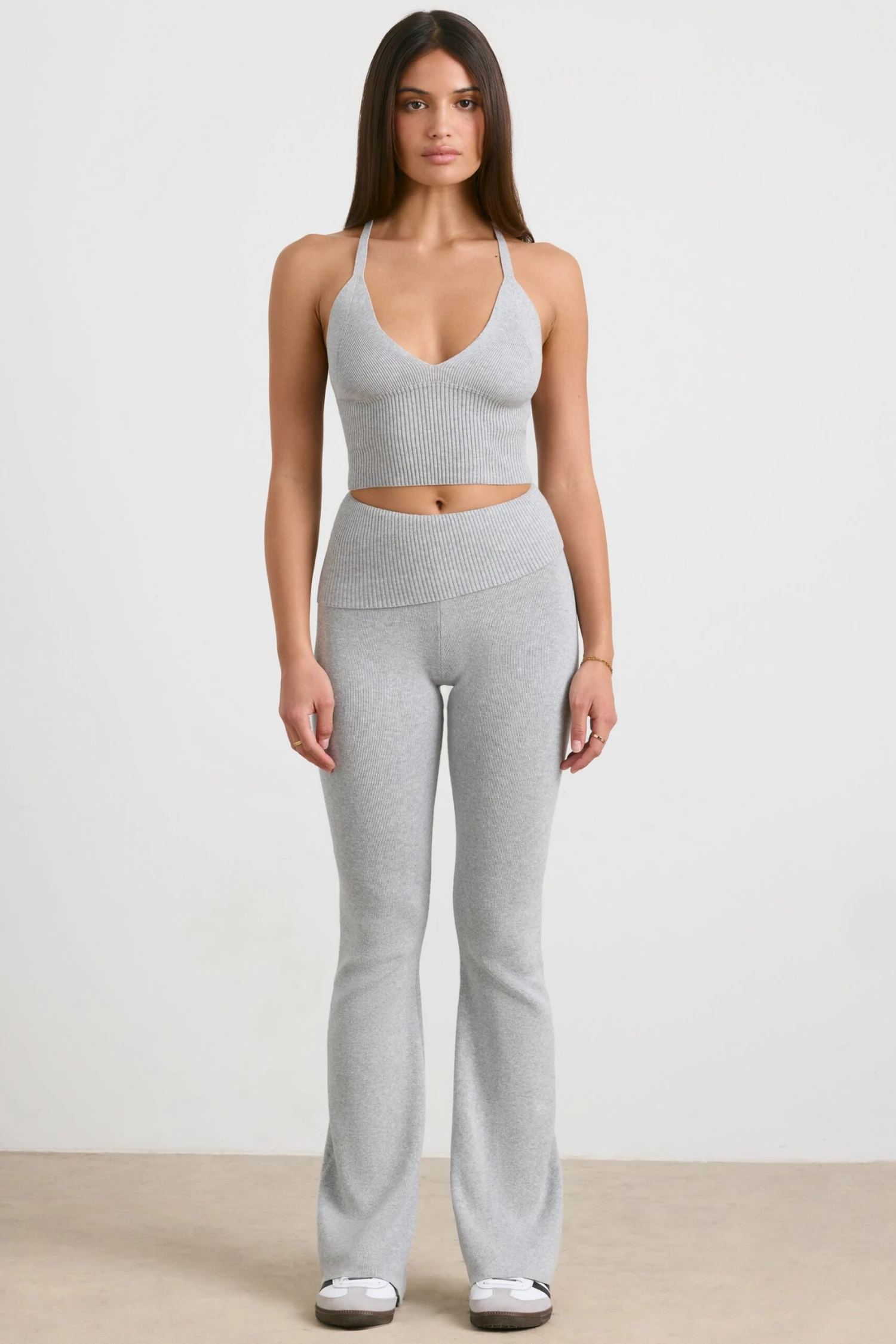Muse - Petite Chunky Knit Kick Flare Trousers In Heather Grey - Image 8