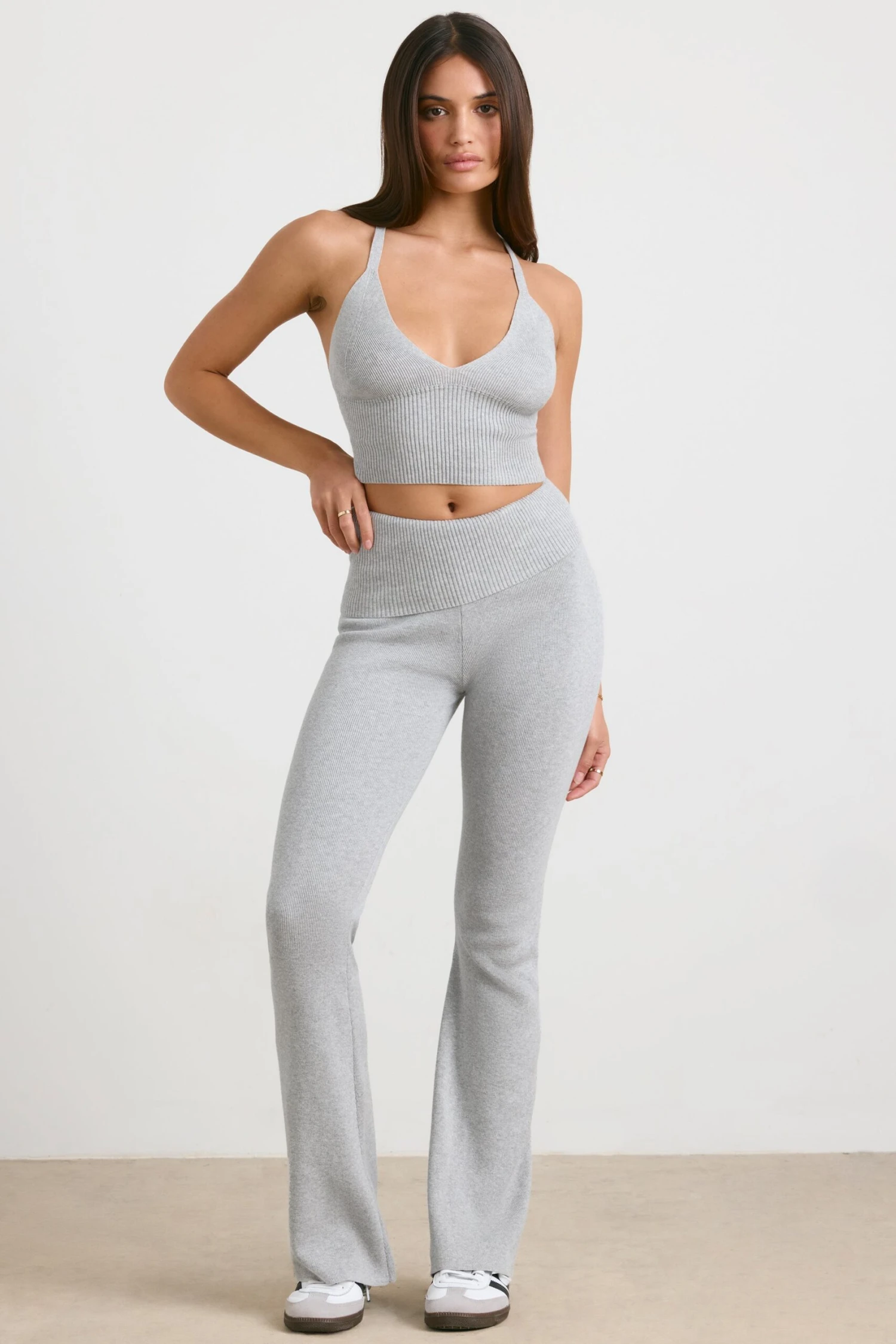Muse - Petite Chunky Knit Kick Flare Trousers In Heather Grey
