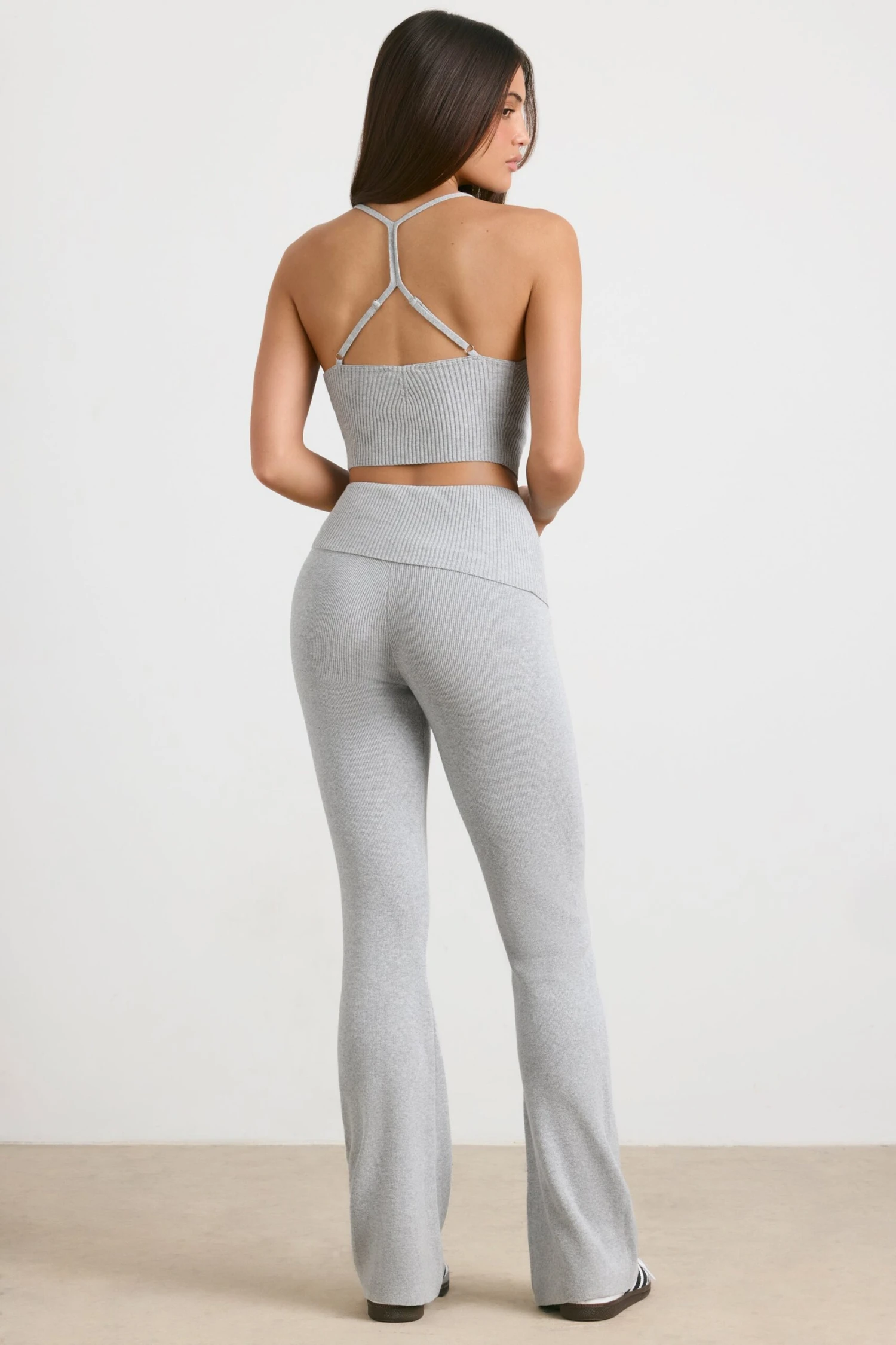 Muse - Petite Chunky Knit Kick Flare Trousers In Heather Grey - Image 3