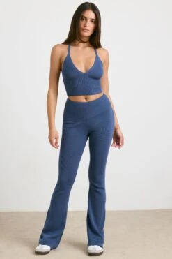 Muse - Chunky Knit Kick Flare Trousers In Washed Navy