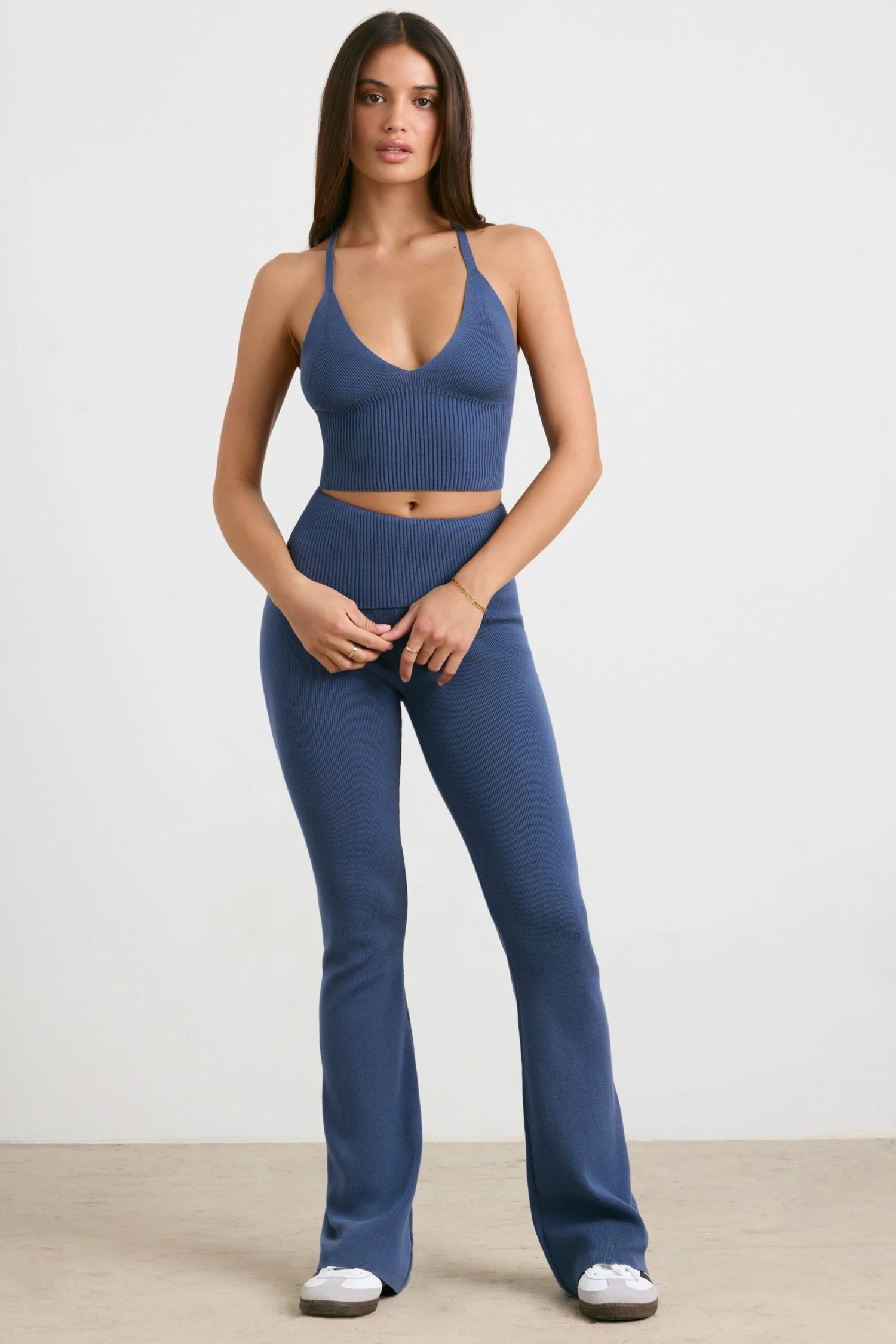 Muse - Petite Chunky Knit Kick Flare Trousers In Washed Navy - Image 7