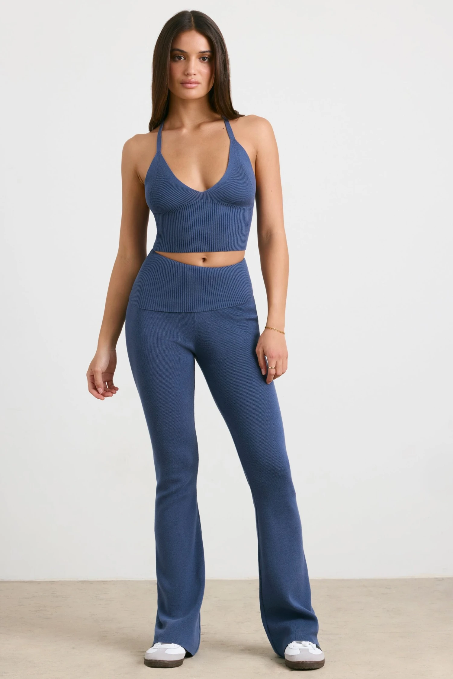 Muse - Petite Chunky Knit Kick Flare Trousers In Washed Navy - Image 8