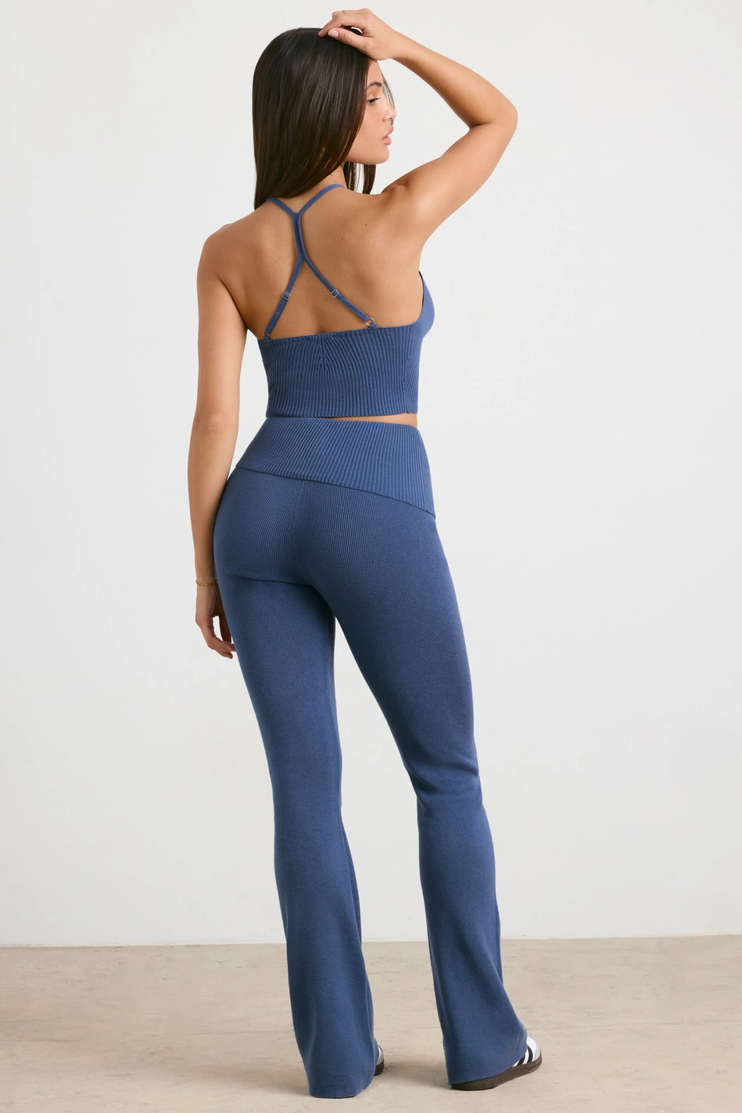 Muse - Petite Chunky Knit Kick Flare Trousers In Washed Navy - Image 3