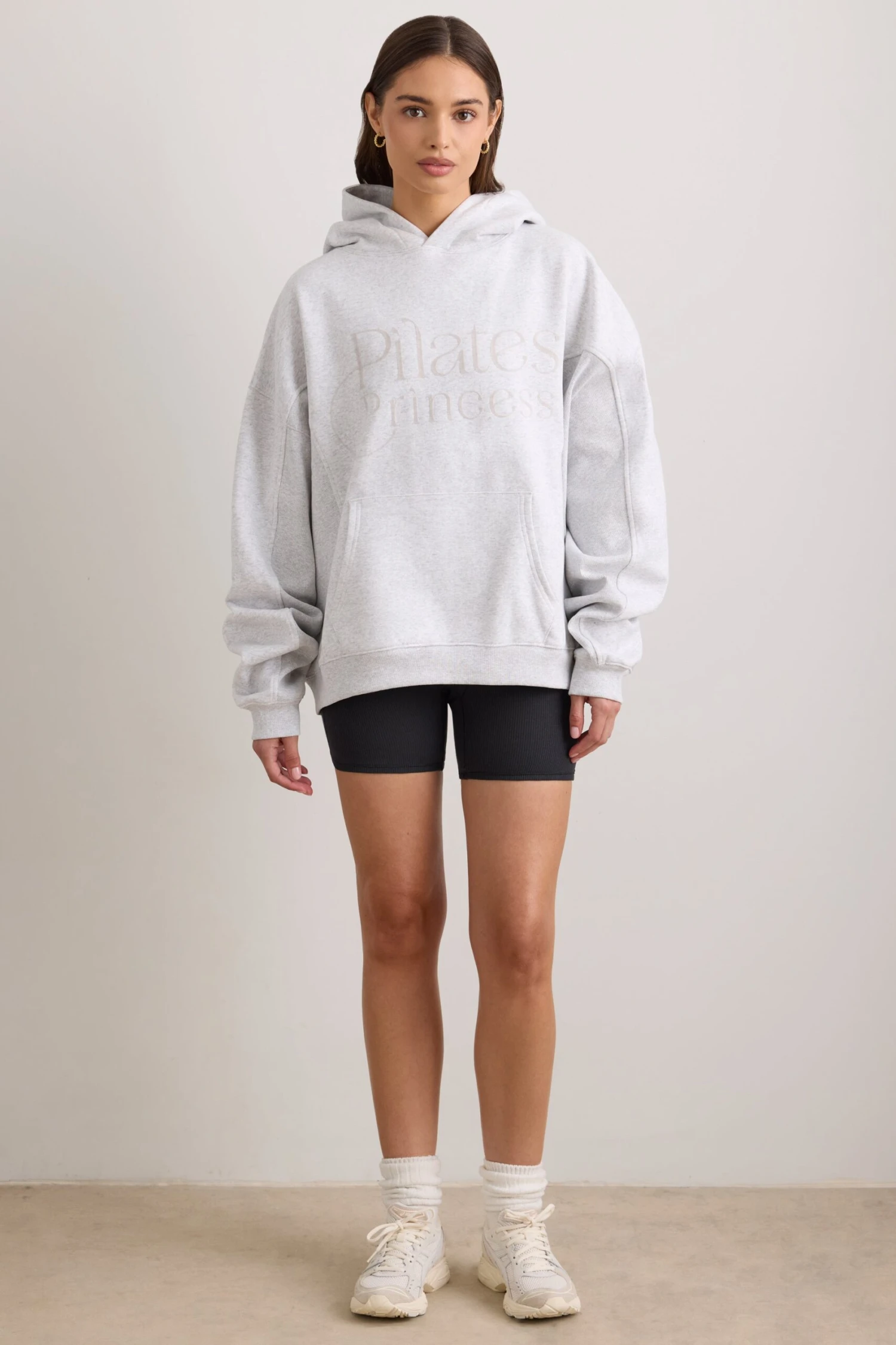 Pilates Princess - Oversized Hooded Sweatshirt In Light Grey Melange - Image 6