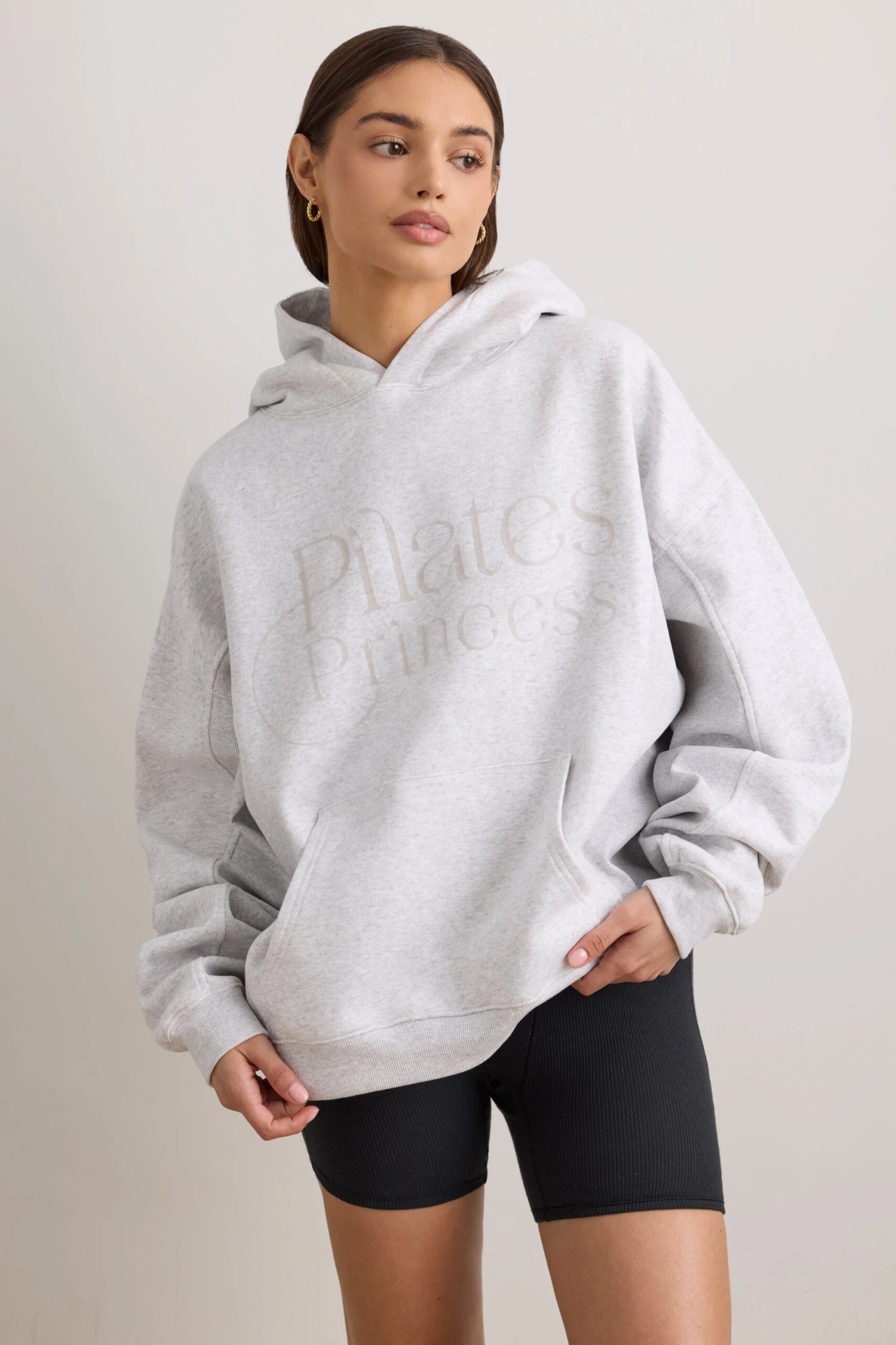 Pilates Princess - Oversized Hooded Sweatshirt In Light Grey Melange - Image 7