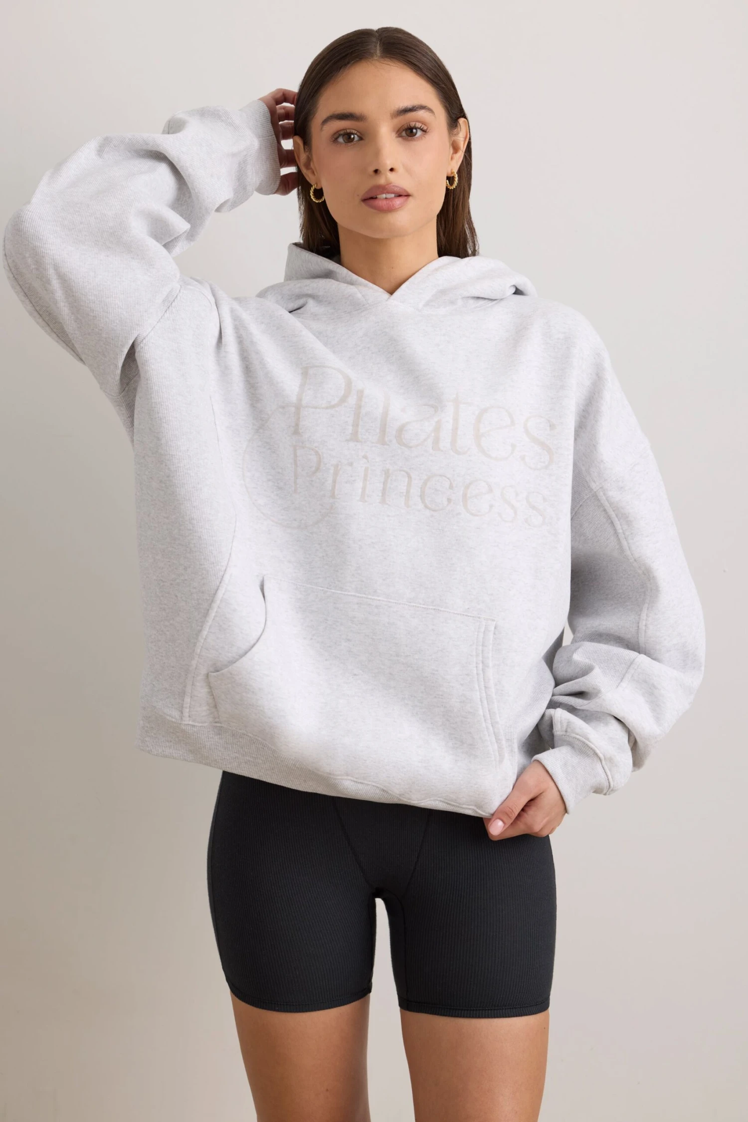 Pilates Princess - Oversized Hooded Sweatshirt In Light Grey Melange - Image 5