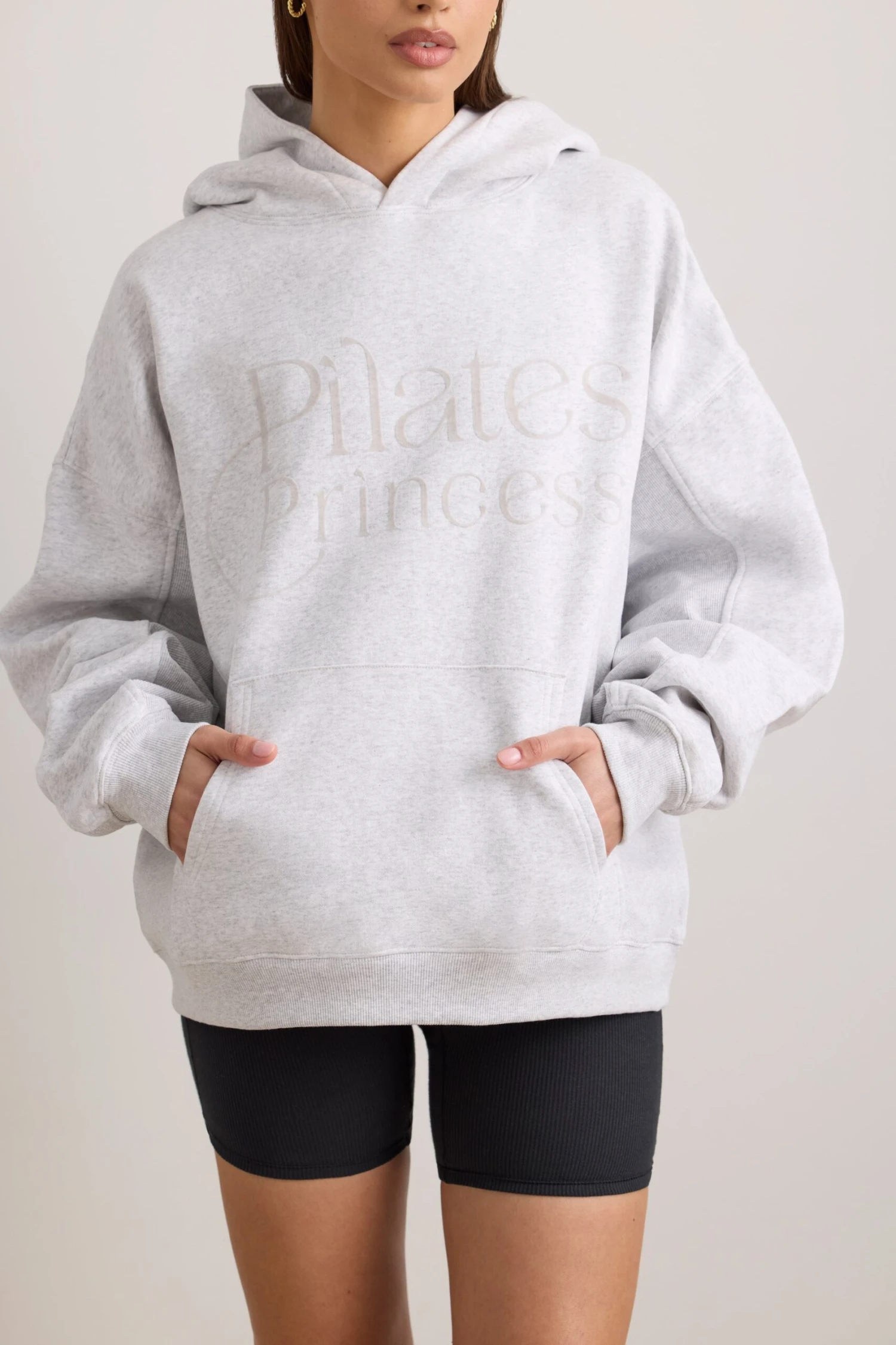 Pilates Princess - Oversized Hooded Sweatshirt In Light Grey Melange - Image 4