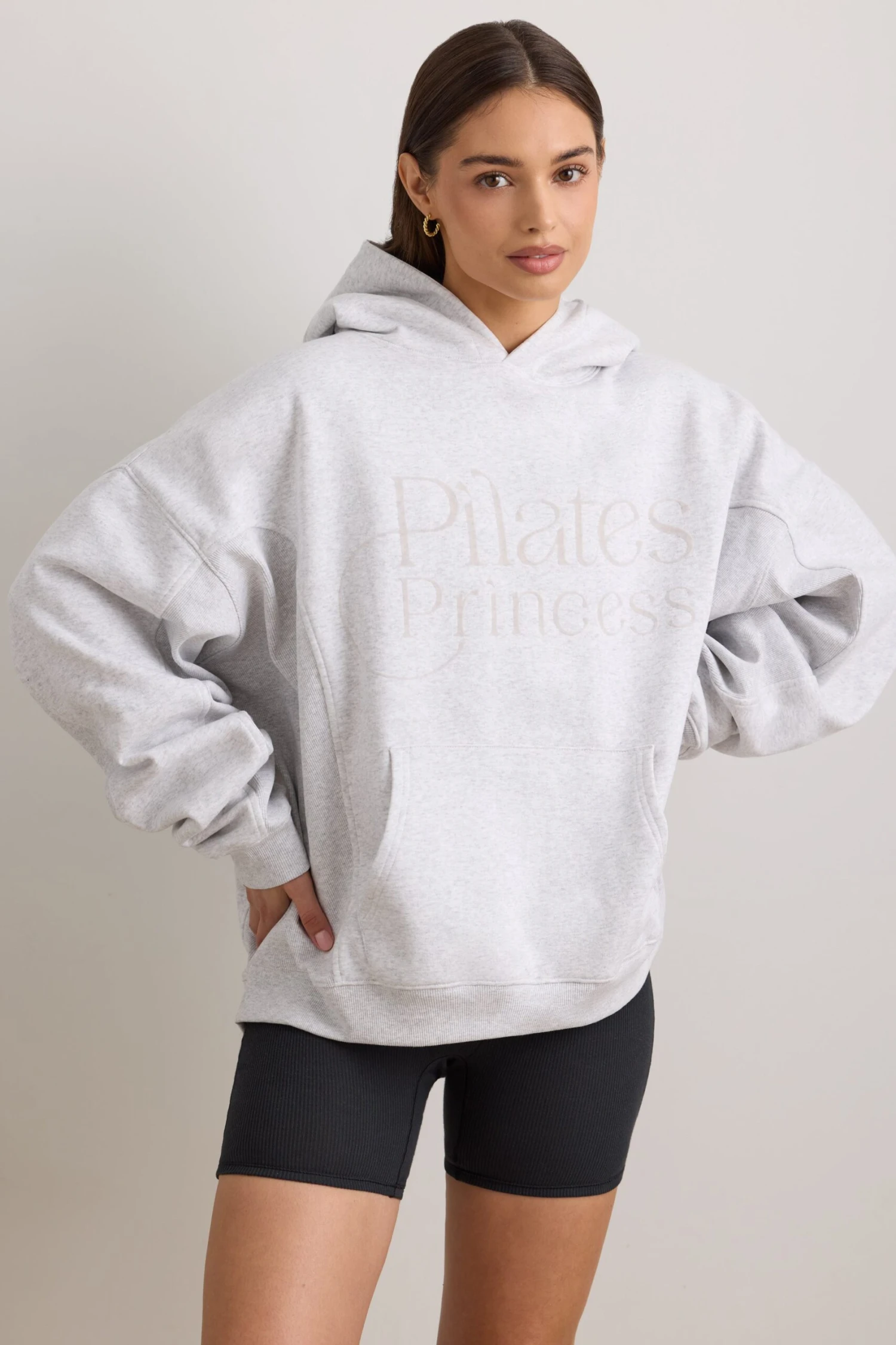 Pilates Princess - Oversized Hooded Sweatshirt In Light Grey Melange - Image 8