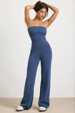 Timeless - Petite Chunky Knit Kick Flare Unitard In Washed Navy