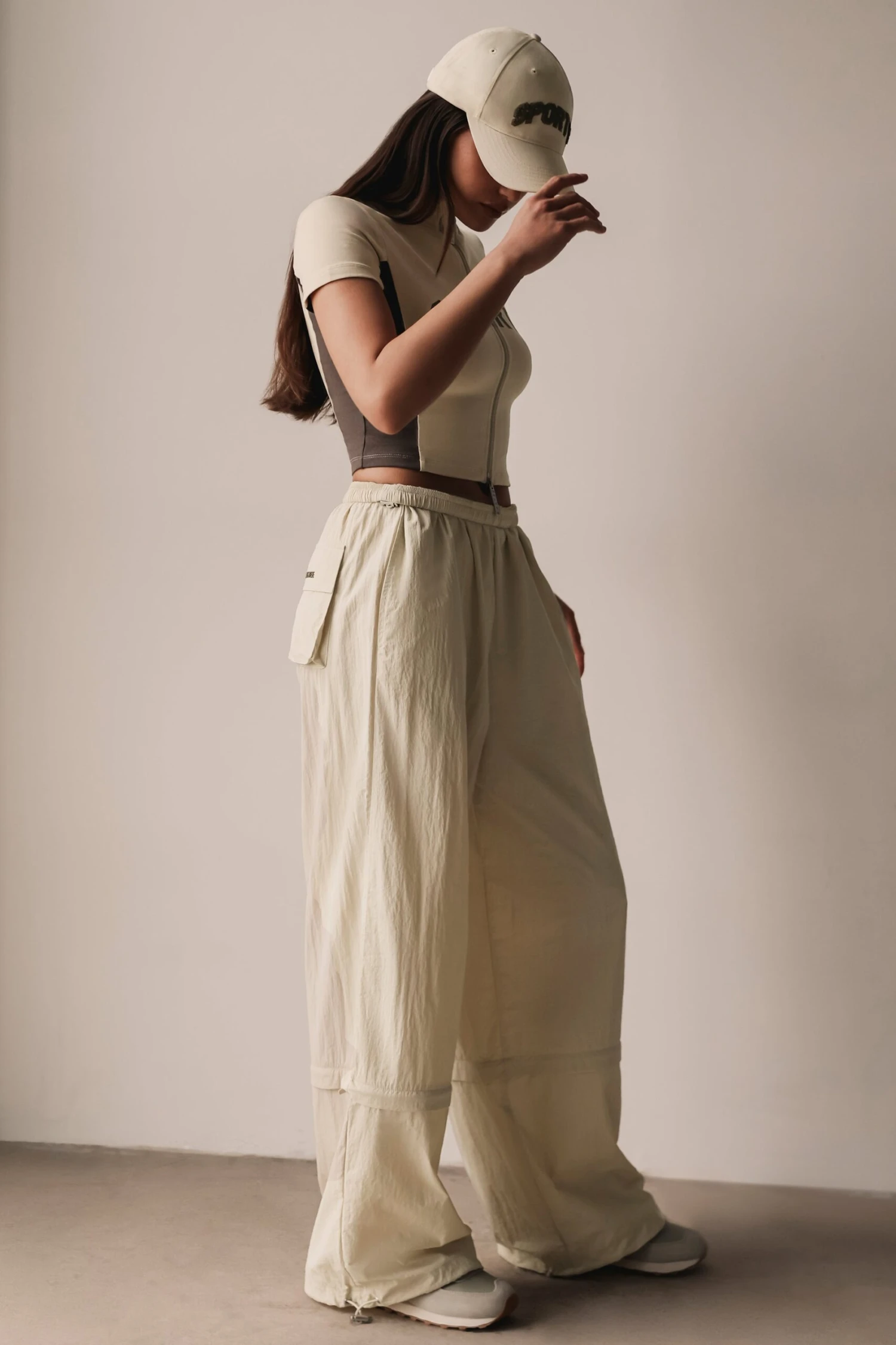 Convertible Wide Leg Track Pants In Bone