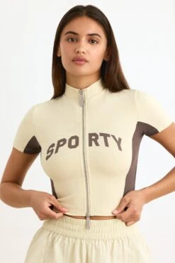 Colourblock Zip-Up Crop Top In Bone
