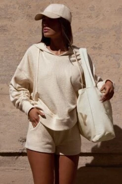 Terry Towelling V-Neck Hoodie In Cream