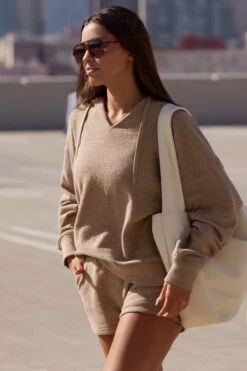 Terry Towelling V-Neck Hoodie In Mocha Brown