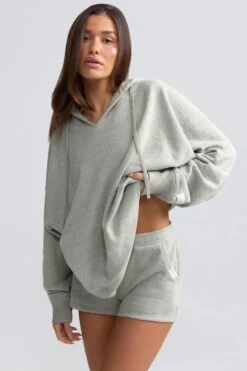 Terry Towelling V-Neck Hoodie In Sage Grey