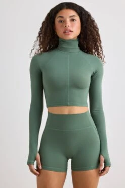 Pristine - Soft Active Turtleneck Crop Top In Khaki