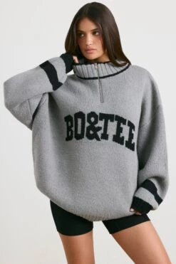Casual - Oversized Quarter-Zip Chunky-Knit Jumper In Heather Grey