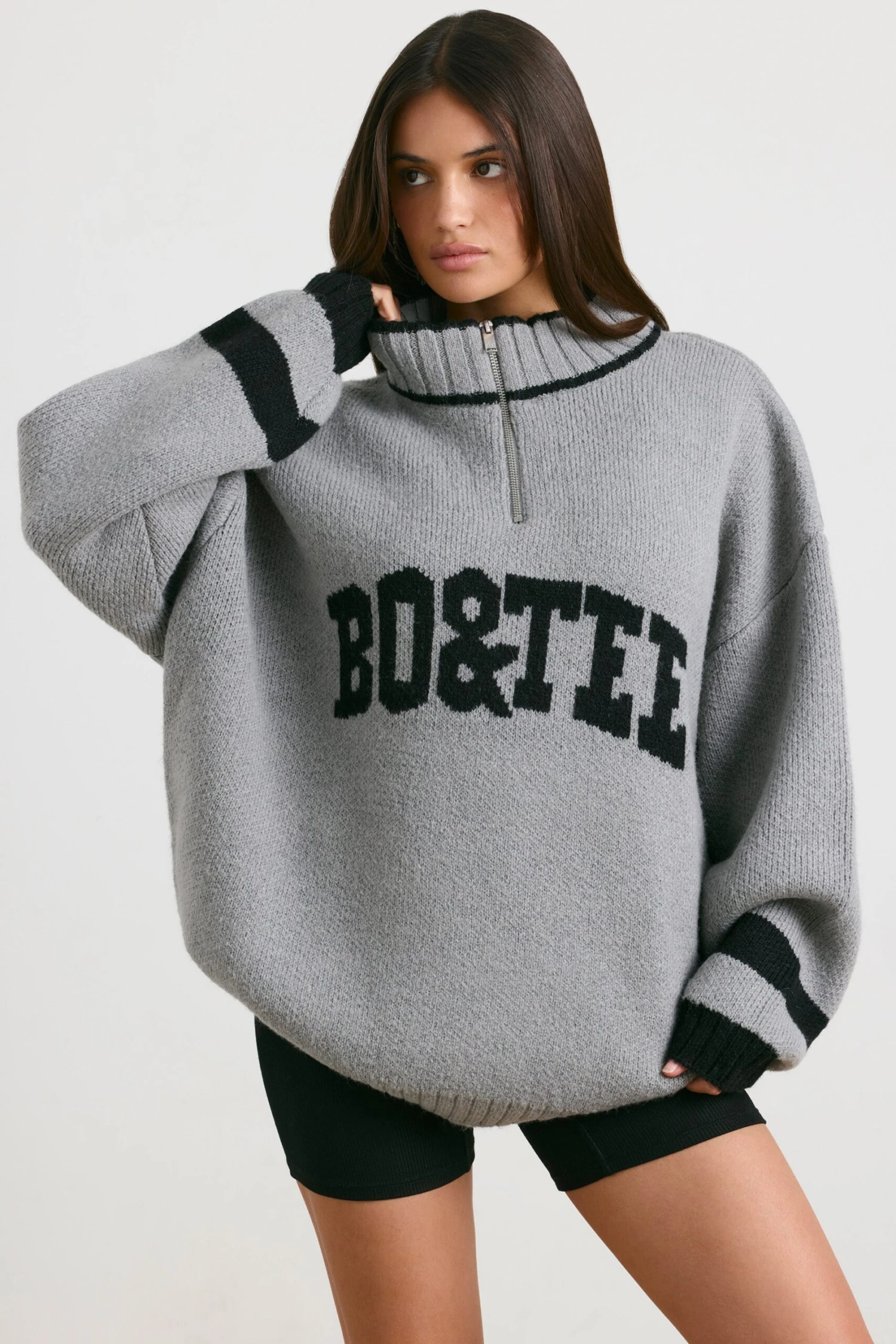 Casual - Oversized Quarter-Zip Chunky-Knit Jumper In Heather Grey