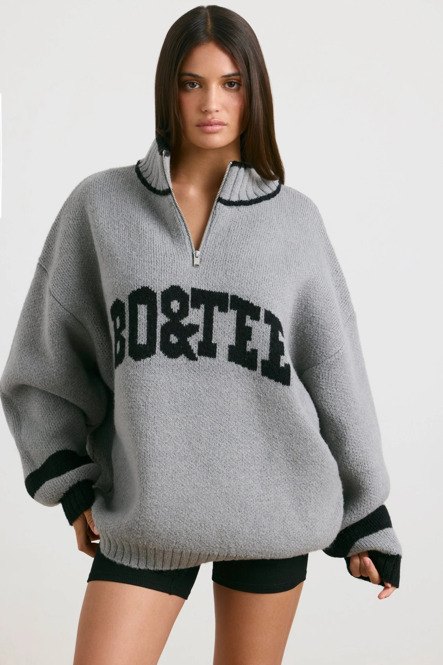 Casual - Oversized Quarter-Zip Chunky-Knit Jumper In Heather Grey - Image 9