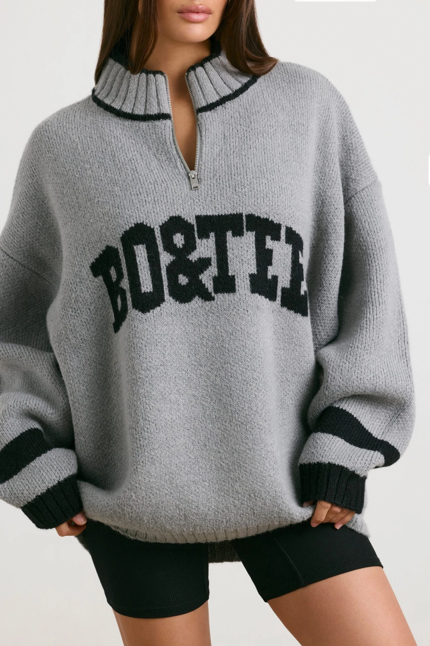 Casual - Oversized Quarter-Zip Chunky-Knit Jumper In Heather Grey - Image 4