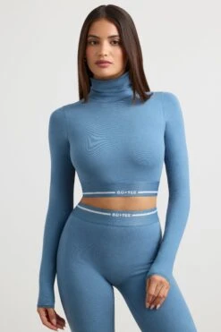 Grounded - Turtleneck Backless Long-Sleeve Crop Top In Steel Blue