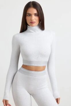 Grounded - Turtleneck Backless Long-Sleeve Crop Top In Grey Marl