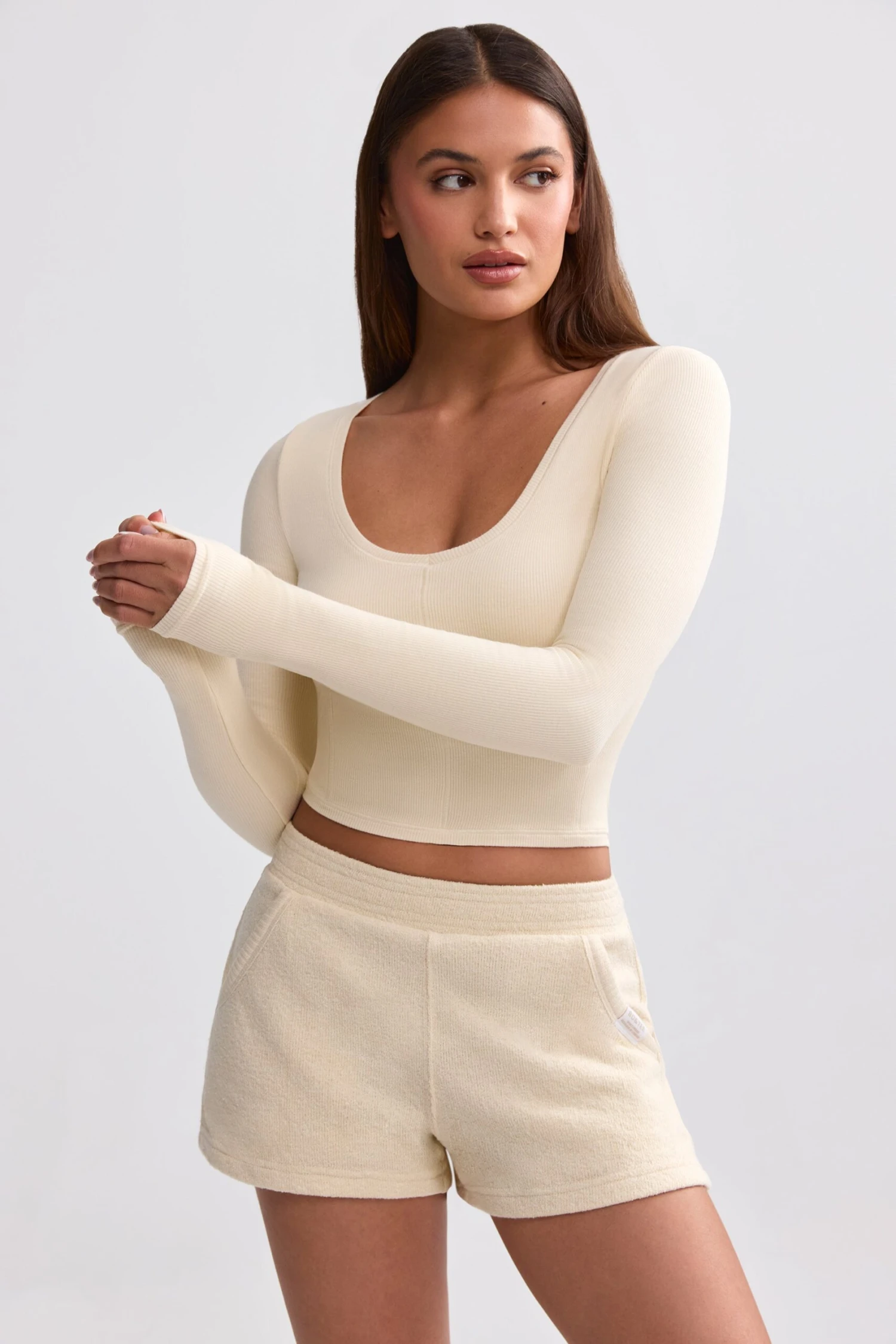 Ribbed Modal V-Neck Crop Top In Cream - Image 7